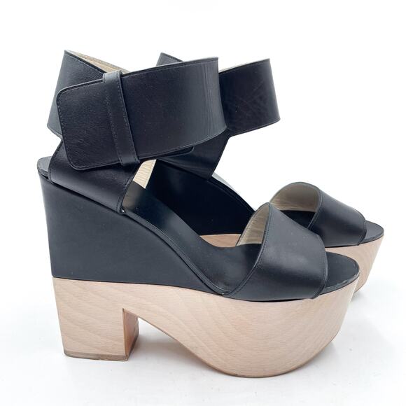 Celine Platform Sandals Black Leather Wooded Ankle Strap Chunky Sz 37 / 7 - Picture 1 of 10